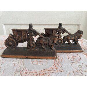 Vintage 1950s Cast Iron Copper Finish Stagecoach Bookends